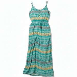 Dina Be Maxi Dress Blue Green Geometric Print Elastic Waist Boho Coastal M